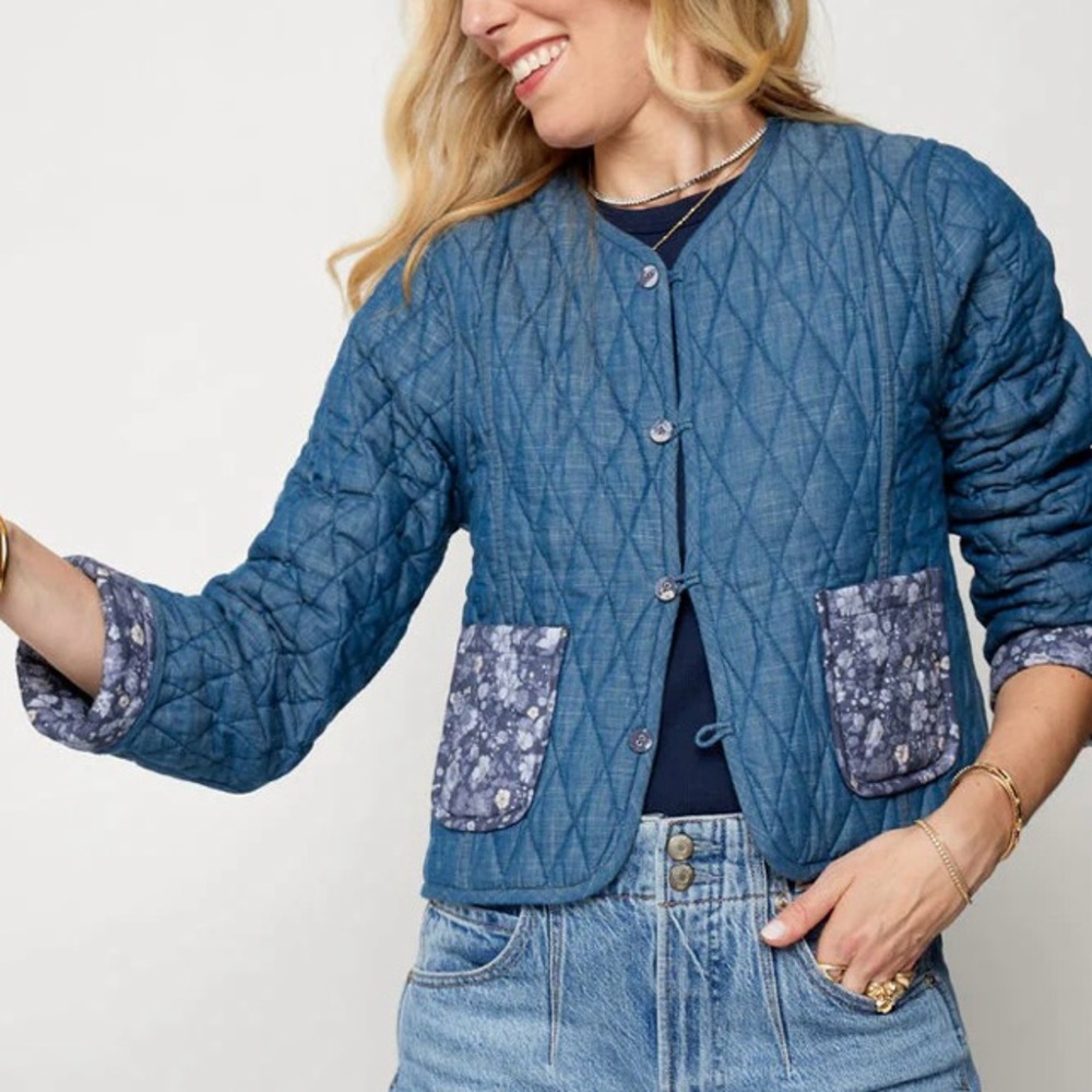 Ophelia & Indigo Denim Chambray & Floral Reversible Quilted Jacket